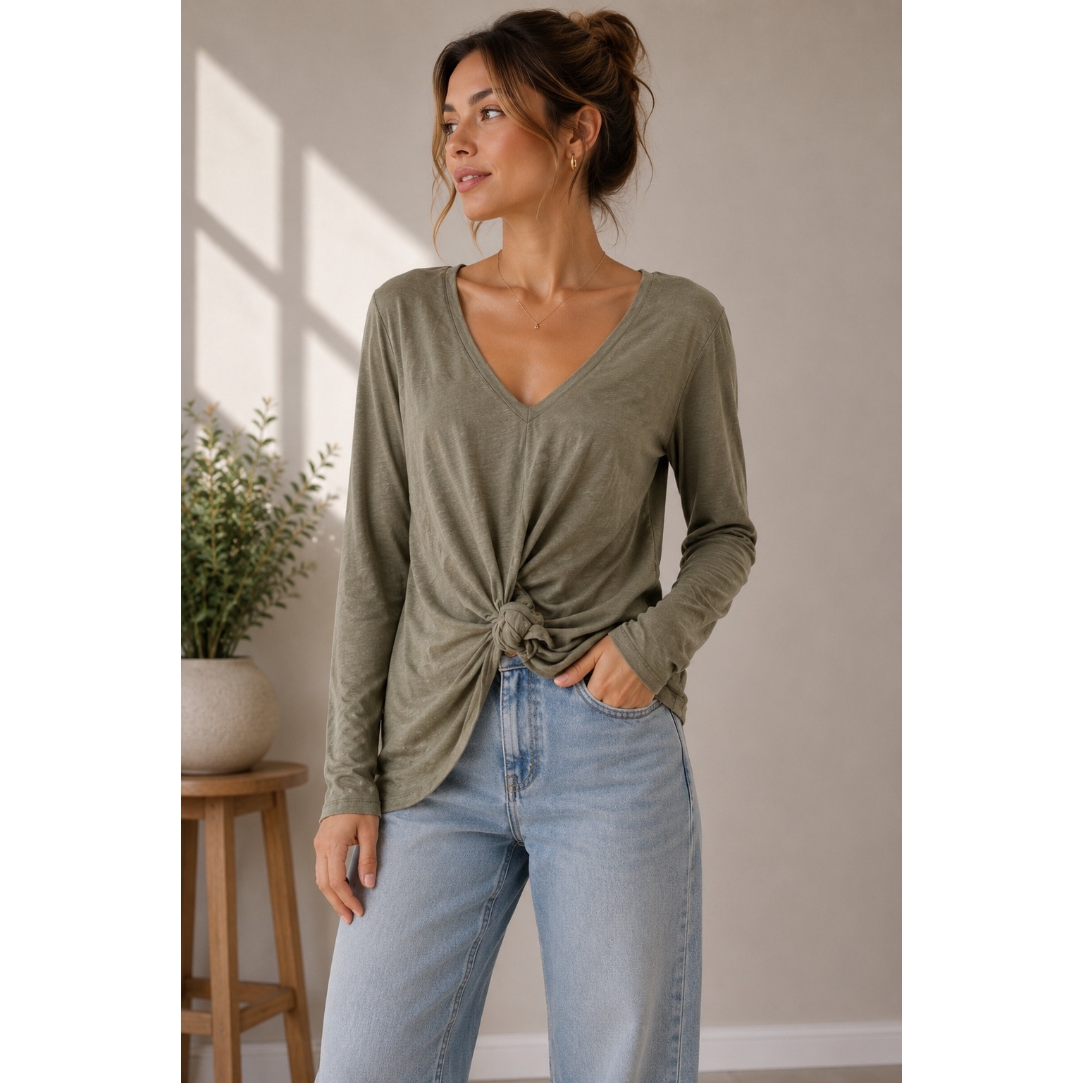 Lululemon Twist Front Long Sleeve V Neck Top Olive Green Size 6